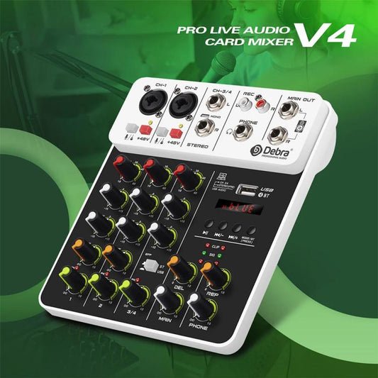 DEBRA V4 4-Channels Audio Mixer with Reverb Sound Card for Live Streaming(EU Plug) - Live Sound Effects Processors by DEBRA | Online Shopping UK | buy2fix