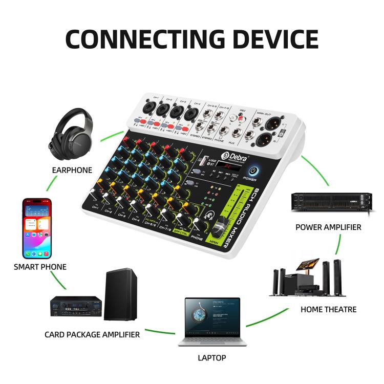 DEBRA V8 8-Channels Audio Mixer Live Recording Reverb(US Plug) - Live Sound Effects Processors by DEBRA | Online Shopping UK | buy2fix