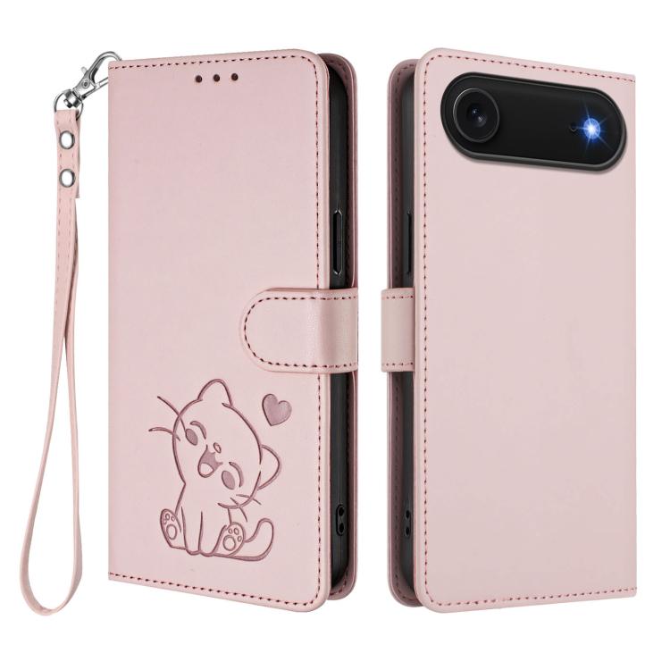 For iPhone Air Embossed Heart Cat Leather Phone Case with Hand Strap(Pink) - iPhone Air Cases by buy2fix | Online Shopping UK | buy2fix