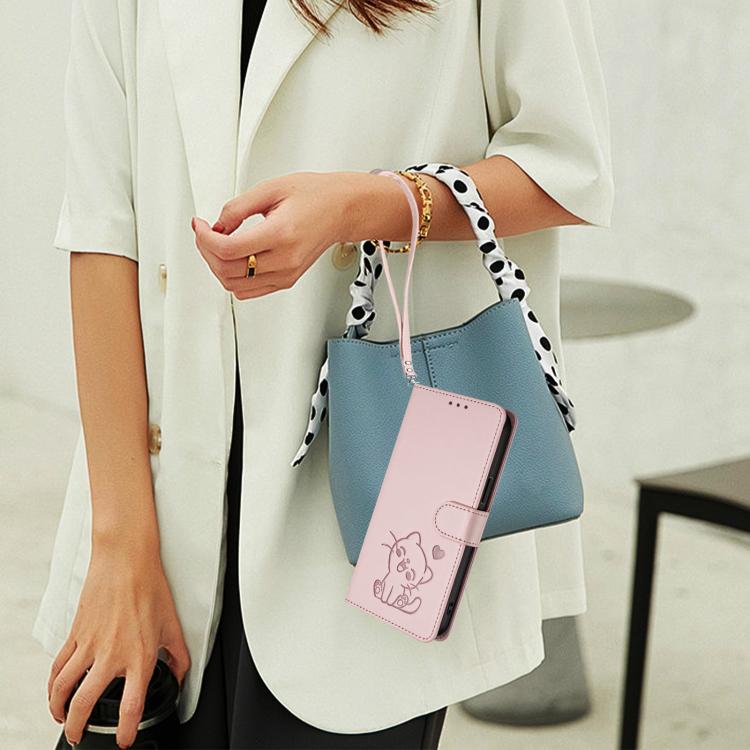 For iPhone Air Embossed Heart Cat Leather Phone Case with Hand Strap(Pink) - iPhone Air Cases by buy2fix | Online Shopping UK | buy2fix