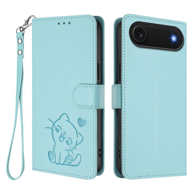 For iPhone Air Embossed Heart Cat Leather Phone Case with Hand Strap(Mint Green) - iPhone Air Cases by buy2fix | Online Shopping UK | buy2fix