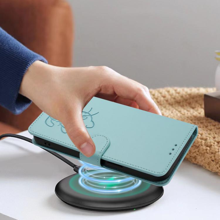 For iPhone Air Embossed Heart Cat Leather Phone Case with Hand Strap(Mint Green) - iPhone Air Cases by buy2fix | Online Shopping UK | buy2fix