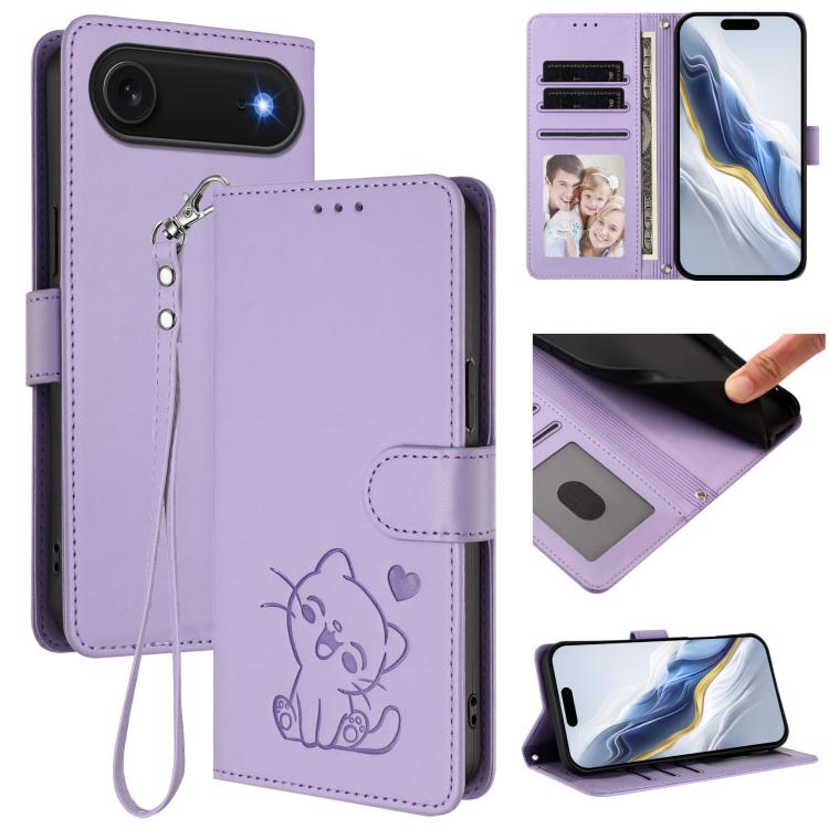 For iPhone Air Embossed Heart Cat Leather Phone Case with Hand Strap(Light Purple) - iPhone Air Cases by buy2fix | Online Shopping UK | buy2fix