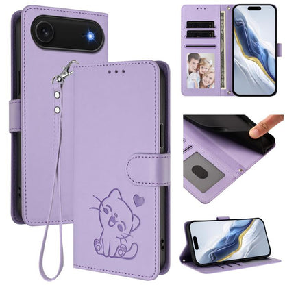 For iPhone Air Embossed Heart Cat Leather Phone Case with Hand Strap(Light Purple) - iPhone Air Cases by buy2fix | Online Shopping UK | buy2fix