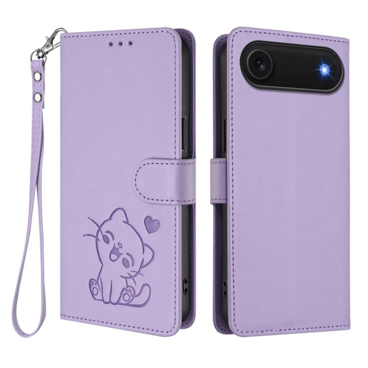 For iPhone Air Embossed Heart Cat Leather Phone Case with Hand Strap(Light Purple) - iPhone Air Cases by buy2fix | Online Shopping UK | buy2fix