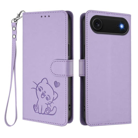 For iPhone Air Embossed Heart Cat Leather Phone Case with Hand Strap(Light Purple) - iPhone Air Cases by buy2fix | Online Shopping UK | buy2fix