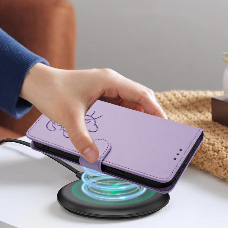 For iPhone Air Embossed Heart Cat Leather Phone Case with Hand Strap(Light Purple) - iPhone Air Cases by buy2fix | Online Shopping UK | buy2fix