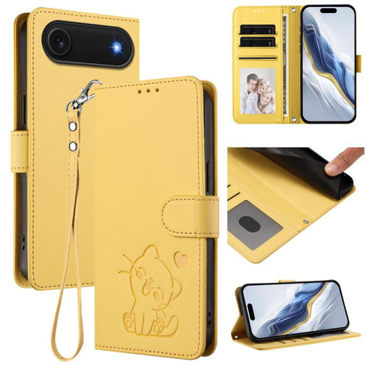 For iPhone Air Embossed Heart Cat Leather Phone Case with Hand Strap(Yellow) - iPhone Air Cases by buy2fix | Online Shopping UK | buy2fix