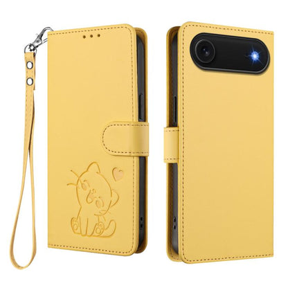 For iPhone Air Embossed Heart Cat Leather Phone Case with Hand Strap(Yellow) - iPhone Air Cases by buy2fix | Online Shopping UK | buy2fix