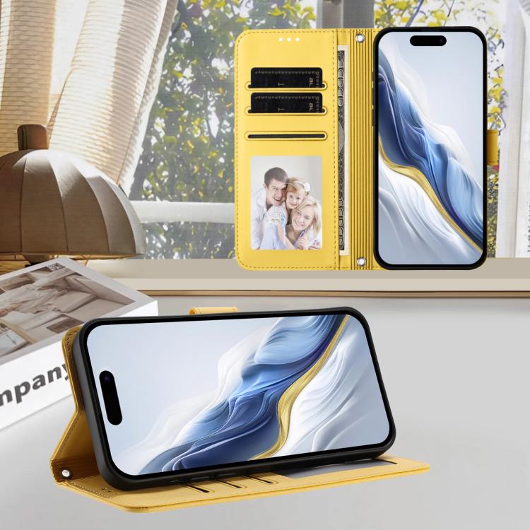 For iPhone Air Embossed Heart Cat Leather Phone Case with Hand Strap(Yellow) - iPhone Air Cases by buy2fix | Online Shopping UK | buy2fix