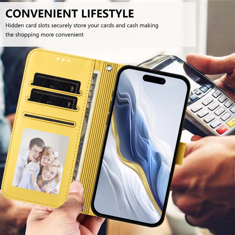 For iPhone Air Embossed Heart Cat Leather Phone Case with Hand Strap(Yellow) - iPhone Air Cases by buy2fix | Online Shopping UK | buy2fix