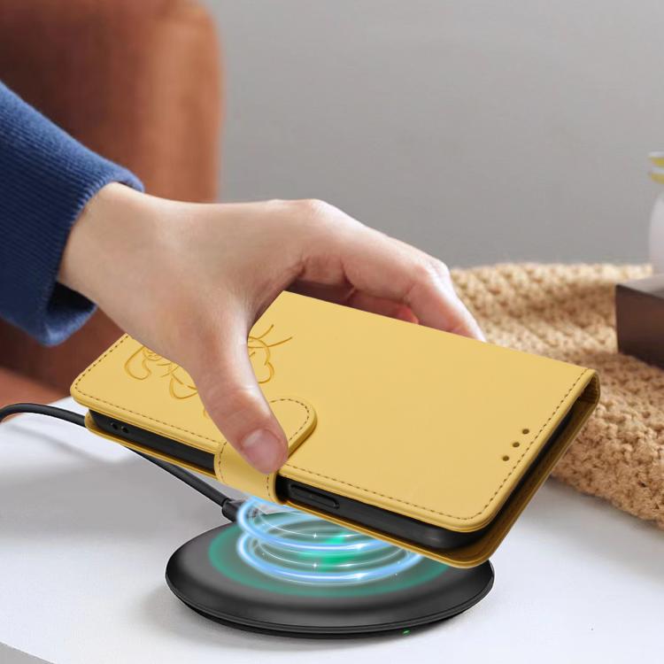 For iPhone Air Embossed Heart Cat Leather Phone Case with Hand Strap(Yellow) - iPhone Air Cases by buy2fix | Online Shopping UK | buy2fix