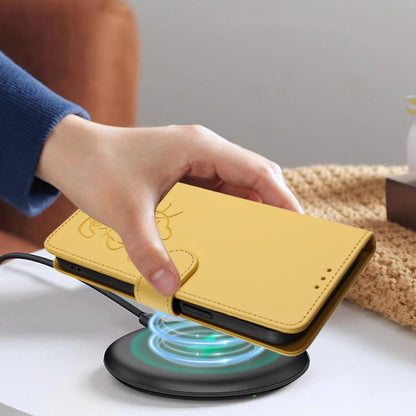 For iPhone Air Embossed Heart Cat Leather Phone Case with Hand Strap(Yellow) - iPhone Air Cases by buy2fix | Online Shopping UK | buy2fix