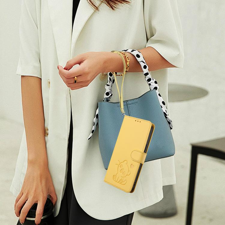 For iPhone Air Embossed Heart Cat Leather Phone Case with Hand Strap(Yellow) - iPhone Air Cases by buy2fix | Online Shopping UK | buy2fix