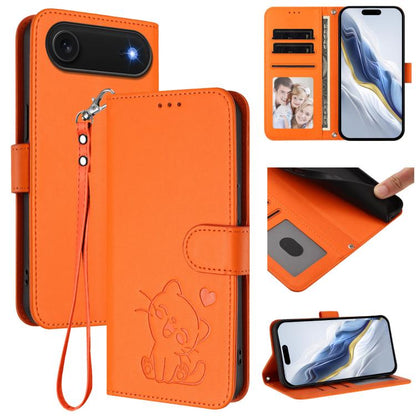 For iPhone Air Embossed Heart Cat Leather Phone Case with Hand Strap(Orange) - iPhone Air Cases by buy2fix | Online Shopping UK | buy2fix