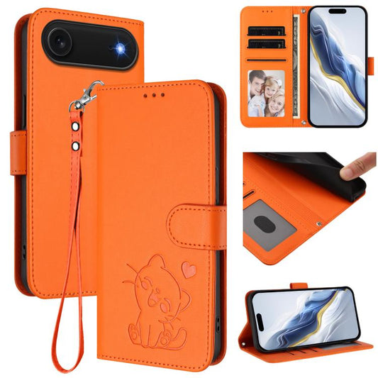 For iPhone Air Embossed Heart Cat Leather Phone Case with Hand Strap(Orange) - iPhone Air Cases by buy2fix | Online Shopping UK | buy2fix