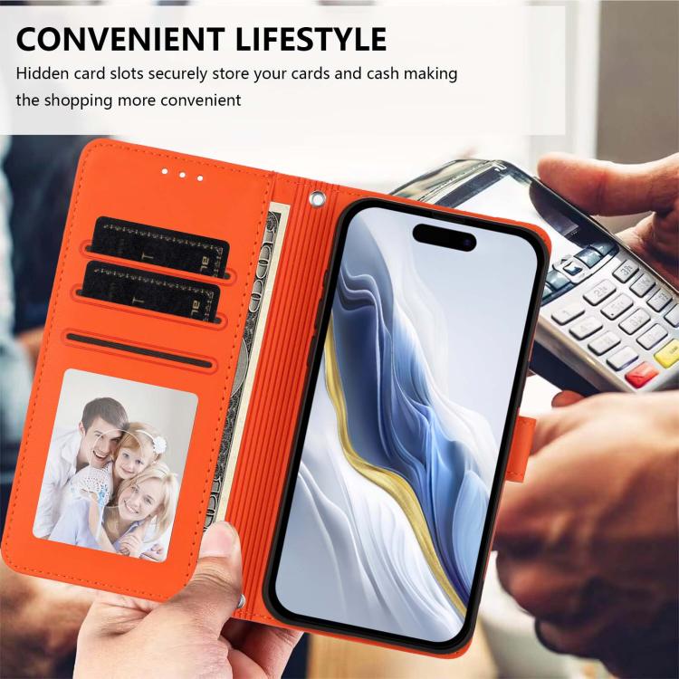 For iPhone Air Embossed Heart Cat Leather Phone Case with Hand Strap(Orange) - iPhone Air Cases by buy2fix | Online Shopping UK | buy2fix