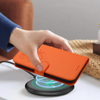 For iPhone Air Embossed Heart Cat Leather Phone Case with Hand Strap(Orange) - iPhone Air Cases by buy2fix | Online Shopping UK | buy2fix