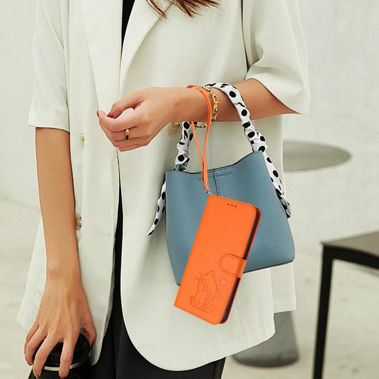 For iPhone Air Embossed Heart Cat Leather Phone Case with Hand Strap(Orange) - iPhone Air Cases by buy2fix | Online Shopping UK | buy2fix