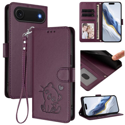 For iPhone Air Embossed Heart Cat Leather Phone Case with Hand Strap(Dark Purple) - iPhone Air Cases by buy2fix | Online Shopping UK | buy2fix