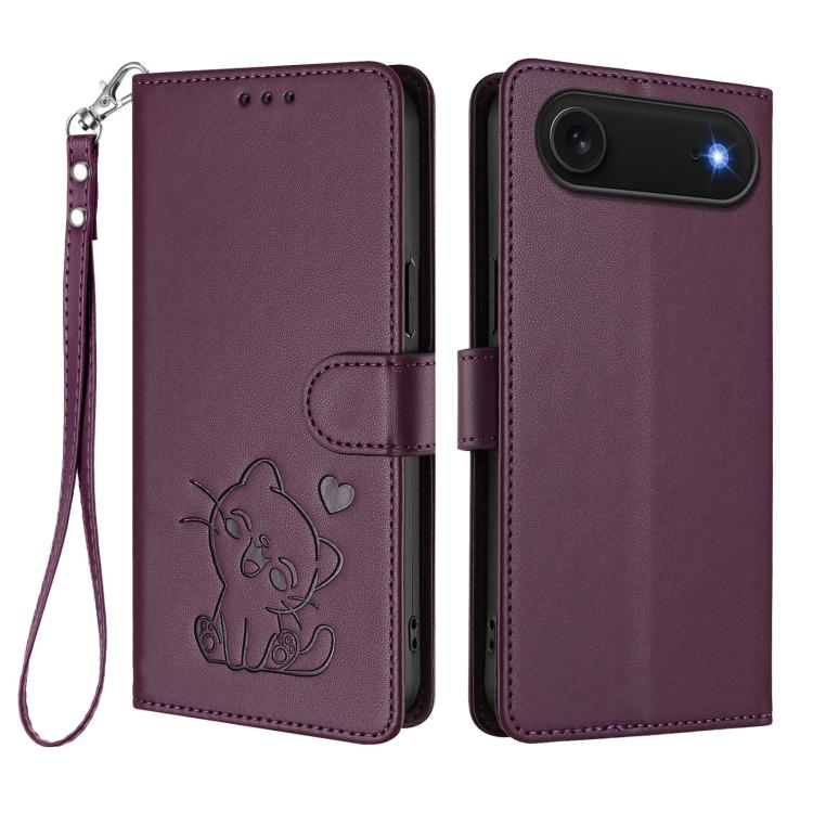 For iPhone Air Embossed Heart Cat Leather Phone Case with Hand Strap(Dark Purple) - iPhone Air Cases by buy2fix | Online Shopping UK | buy2fix