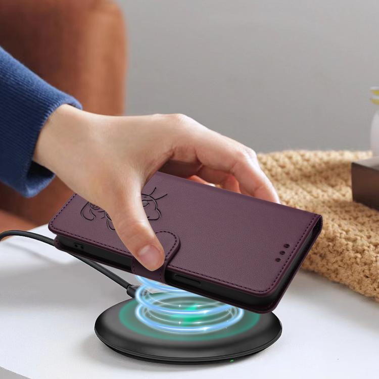 For iPhone Air Embossed Heart Cat Leather Phone Case with Hand Strap(Dark Purple) - iPhone Air Cases by buy2fix | Online Shopping UK | buy2fix