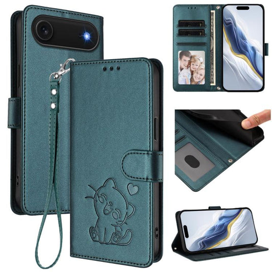 For iPhone Air Embossed Heart Cat Leather Phone Case with Hand Strap(Dark Green) - iPhone Air Cases by buy2fix | Online Shopping UK | buy2fix