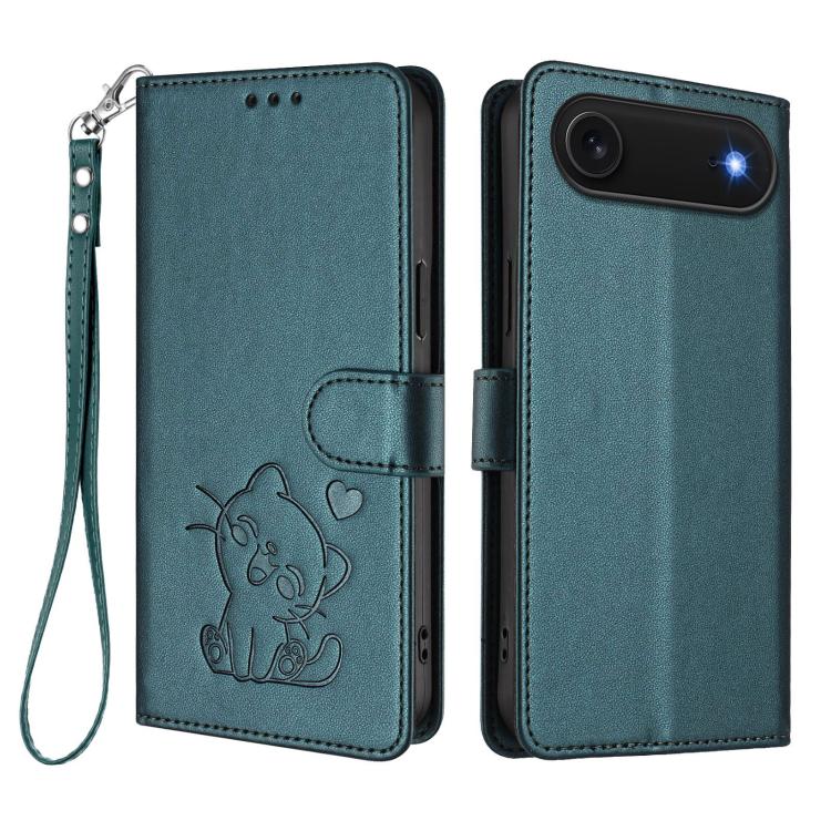 For iPhone Air Embossed Heart Cat Leather Phone Case with Hand Strap(Dark Green) - iPhone Air Cases by buy2fix | Online Shopping UK | buy2fix