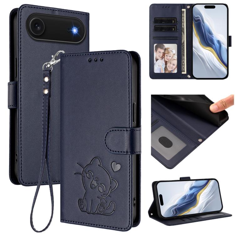 For iPhone Air Embossed Heart Cat Leather Phone Case with Hand Strap(Blue) - iPhone Air Cases by buy2fix | Online Shopping UK | buy2fix