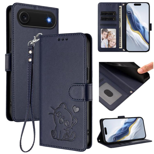 For iPhone Air Embossed Heart Cat Leather Phone Case with Hand Strap(Blue) - iPhone Air Cases by buy2fix | Online Shopping UK | buy2fix