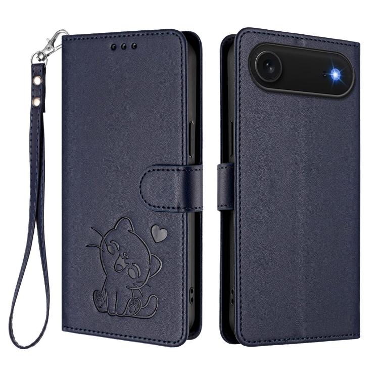 For iPhone Air Embossed Heart Cat Leather Phone Case with Hand Strap(Blue) - iPhone Air Cases by buy2fix | Online Shopping UK | buy2fix