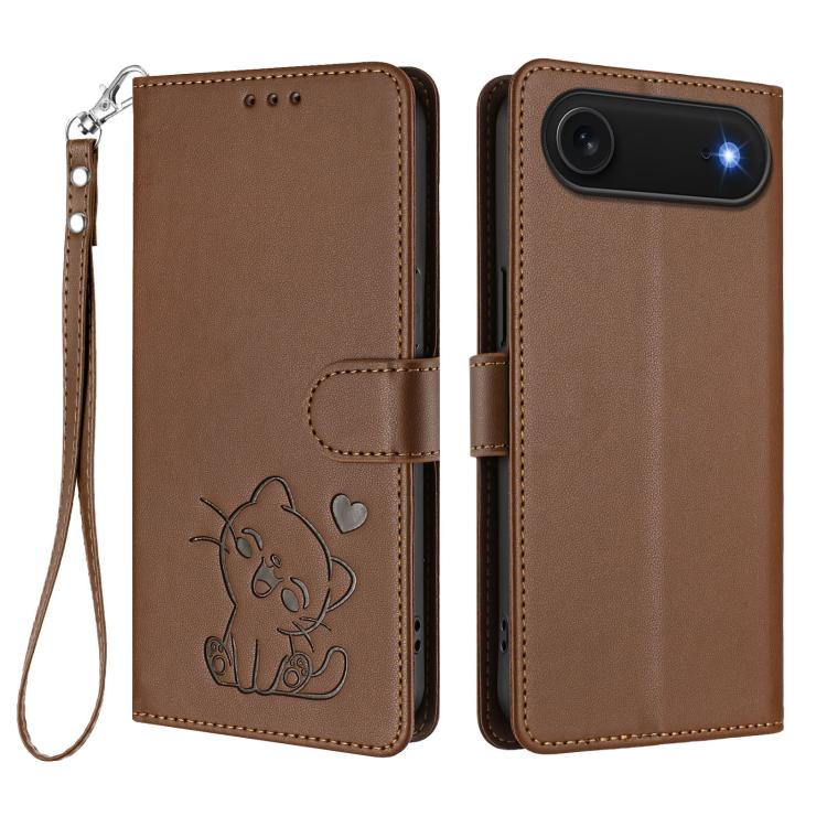 For iPhone Air Embossed Heart Cat Leather Phone Case with Hand Strap(Brown) - iPhone Air Cases by buy2fix | Online Shopping UK | buy2fix