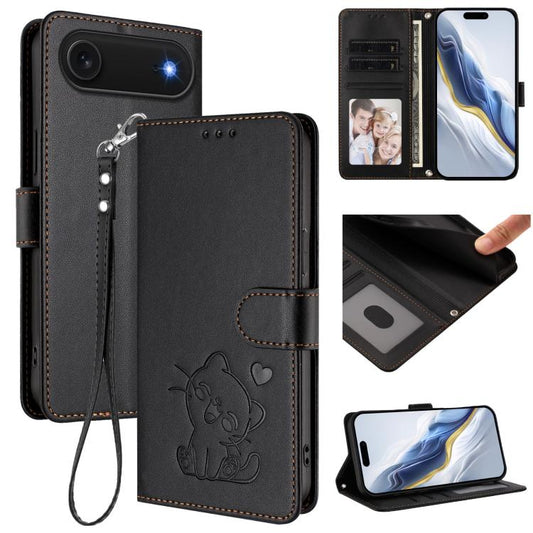 For iPhone Air Embossed Heart Cat Leather Phone Case with Hand Strap(Black) - iPhone Air Cases by buy2fix | Online Shopping UK | buy2fix