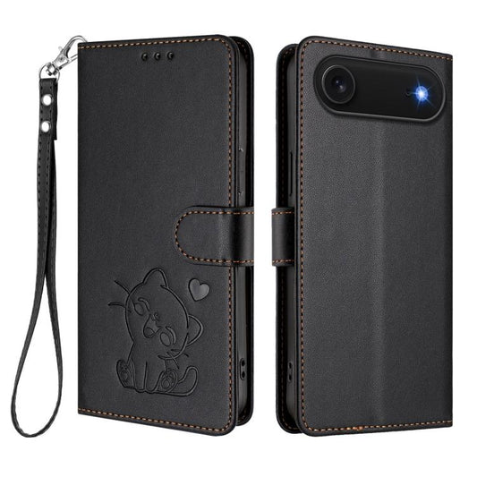 For iPhone Air Embossed Heart Cat Leather Phone Case with Hand Strap(Black) - iPhone Air Cases by buy2fix | Online Shopping UK | buy2fix