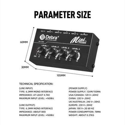 DEBRA M094 4-Channels Audio Mixer Musical Instrument Live Streaming Reverb, Power Plug:AU Plug(Black) - Live Sound Effects Processors by DEBRA | Online Shopping UK | buy2fix