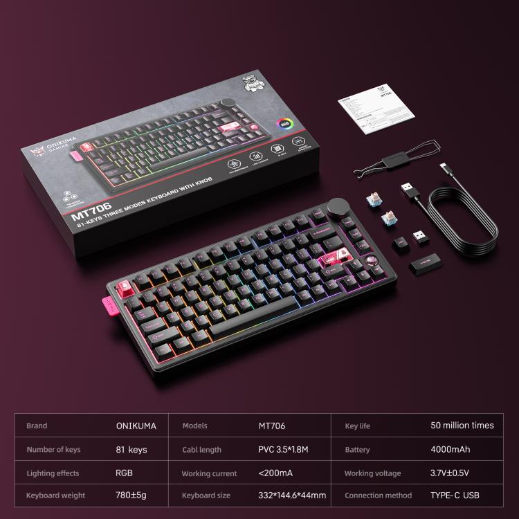 ONIKUMA MT706 81-Keys Hot Swappable Triple Mode Mechanical Keyboard(Black) - Wired Keyboard by ONIKUMA | Online Shopping UK | buy2fix