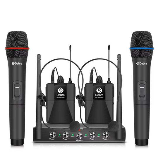 DEBRA AU-400 UHF Wireless Microphone System 4-in-1 for Performance Conference KTV, Model:2 Handheld +2 Bodypack(US Plug)
