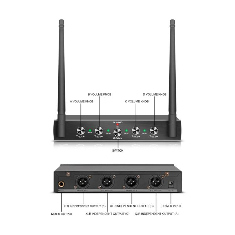 DEBRA AU-400 UHF Wireless Microphone System 4-in-1 for Performance Conference KTV, Model:4 Handheld Mic(UK Plug) - Microphone by DEBRA | Online Shopping UK | buy2fix