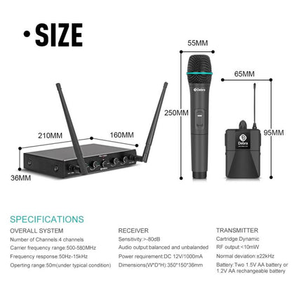DEBRA AU-400 UHF Wireless Microphone System 4-in-1 for Performance Conference KTV, Model:2 Handheld +2 Bodypack(US Plug) - Microphone by DEBRA | Online Shopping UK | buy2fix