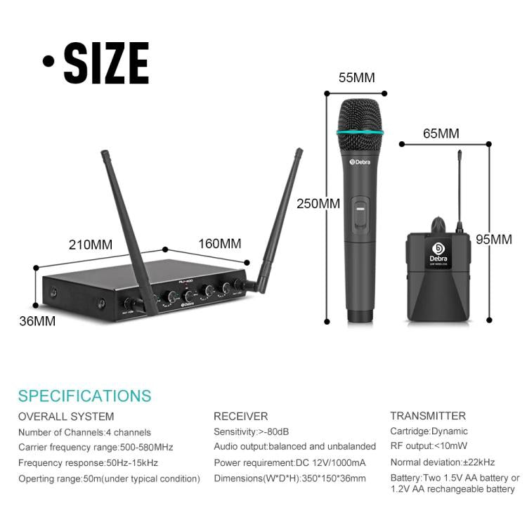 DEBRA AU-400 UHF Wireless Microphone System 4-in-1 for Performance Conference KTV, Model:2 Handheld +2 Bodypack(AU Plug) - Microphone by DEBRA | Online Shopping UK | buy2fix