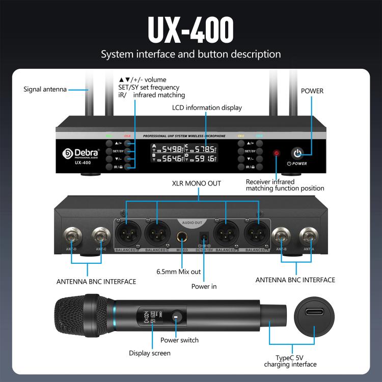 DEBRA UX-400 UHF Wireless Rechargeable Microphone System 4-in-1(US Plug) - Microphone by DEBRA | Online Shopping UK | buy2fix
