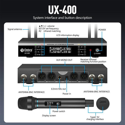 DEBRA UX-400 UHF Wireless Rechargeable Microphone System 4-in-1(US Plug) - Microphone by DEBRA | Online Shopping UK | buy2fix