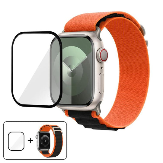For Apple Watch Series 10 46mm Buckle Loop Nylon Watch Band with 3D Curved Film(Orange Black)