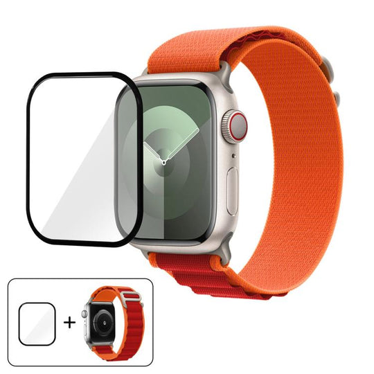 For Apple Watch Series 10 46mm Buckle Loop Nylon Watch Band with 3D Curved Film(Orange Red)