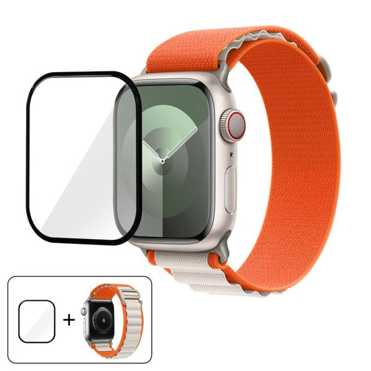 For Apple Watch Series 10 46mm Buckle Loop Nylon Watch Band with 3D Curved Film(Orange Beige)