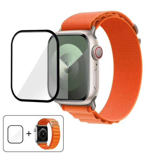 For Apple Watch Series 10 46mm Buckle Loop Nylon Watch Band with 3D Curved Film(Orange)