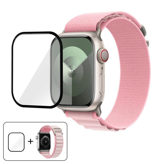 For Apple Watch Series 10 46mm Buckle Loop Nylon Watch Band with 3D Curved Film(Pink Light Pink)