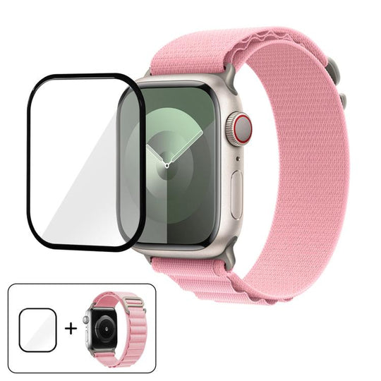 For Apple Watch Series 10 46mm Buckle Loop Nylon Watch Band with 3D Curved Film(Pink)