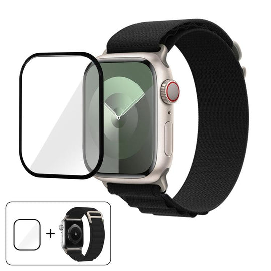 For Apple Watch Series 10 46mm Buckle Loop Nylon Watch Band with 3D Curved Film(Black)