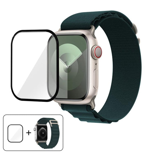 For Apple Watch Series 10 46mm Buckle Loop Nylon Watch Band with 3D Curved Film(Army Green)